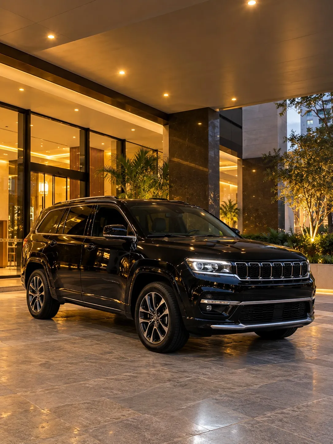 Jeep Commander preto na entrada de um hotel ao entardecer